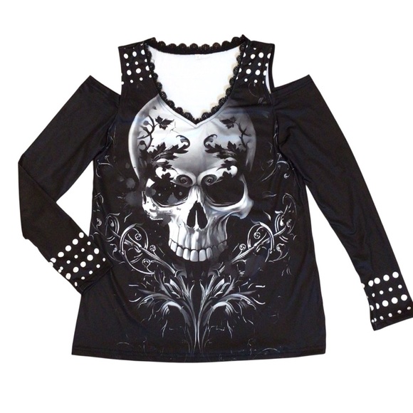 NWOT Womens Skull Cold Shoulder Studded Top Size M Gothic Rock Punk V-Neck Shirt - Picture 7 of 10